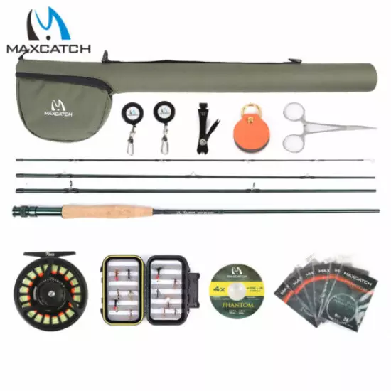 Maxcatch 5/6/7/8wt Extreme Fly Fishing Rod and Reel Combo, Fly Line, Box, Flies 