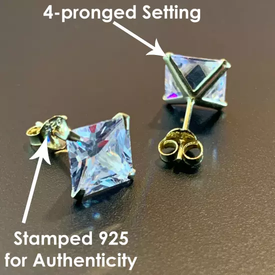 925 Sterling Silver Gold-Plated Square Cubic Zirconia Clear CZ Stud Earrings