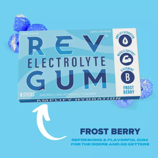 BRAND NEW - 12-Pk REV ELECTROLYTE Gum FROST BERRY Gum 96 pcs