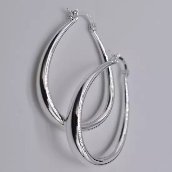 Stunning 925 Sterling Silver Filled SP Large Oval Hoop Huggie Earrings women's