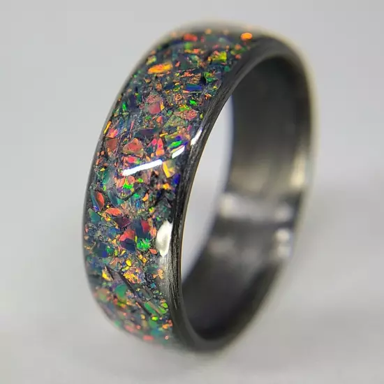 Carbon Fiber Ring with Fire Opal inlay - Handcrafted - Sizes 4-16 - Custom Width