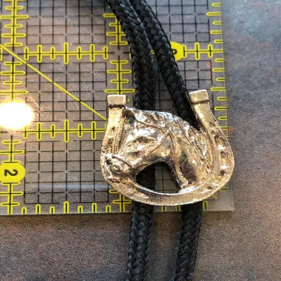 Necklace Bolo Horseshoe Framed Horse Head Equestrian Black Braided Cord 38"