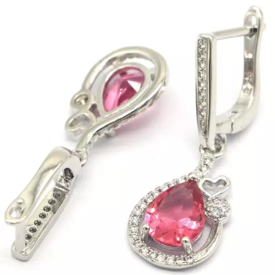 Gorgeous Pink Tourmaline White CZ Woman's Wedding Silver Earrings 