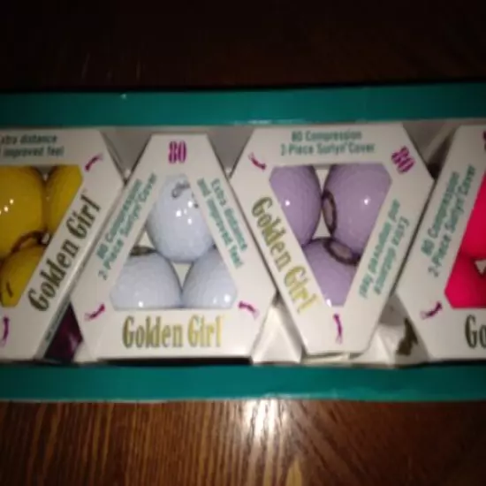 Vintage triangular packages Golden Girl golf balls old logo NIB 