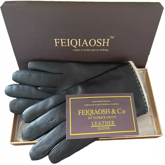 FEIQIAOSH Brand women's leather gloves medium poly wool lining black new in box