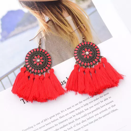 Fashion Women Bohemian Earrings Long Tassel Fringe Drop Dangle Ear Stud Jewelry