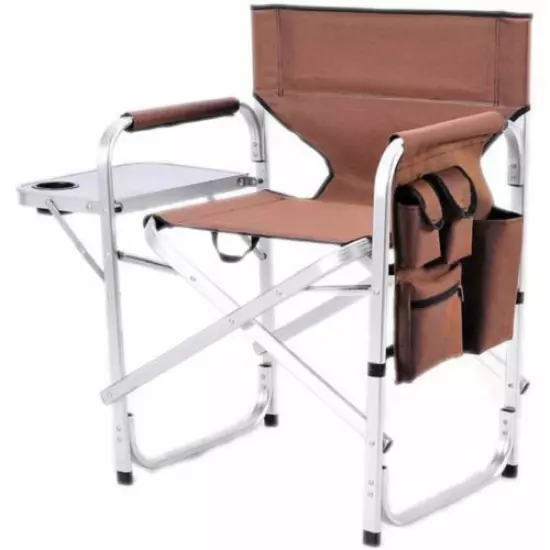 Director Chair Folding Full Back Seat Built In Side Table With Cup Holder Brown