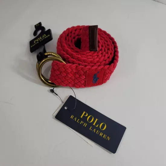 Polo Ralph Lauren Leather-Trim Canvas Belt Mens XL Red Double D Ring Braided