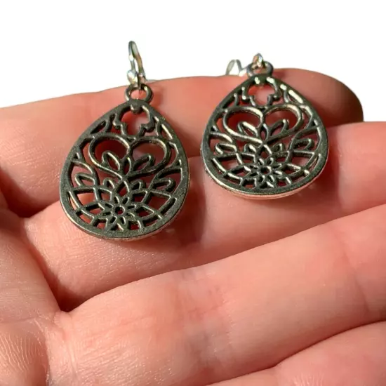 Silver Filigree Flower Heart Teardrop Earrings 925 Sterling Silver Hooks