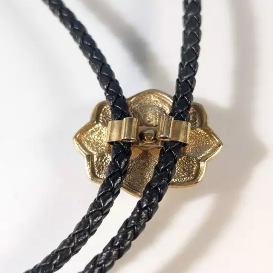 Bolo Tie Black Braided Cord and Faux Pearl Circle Slide Pendant Gold Tone