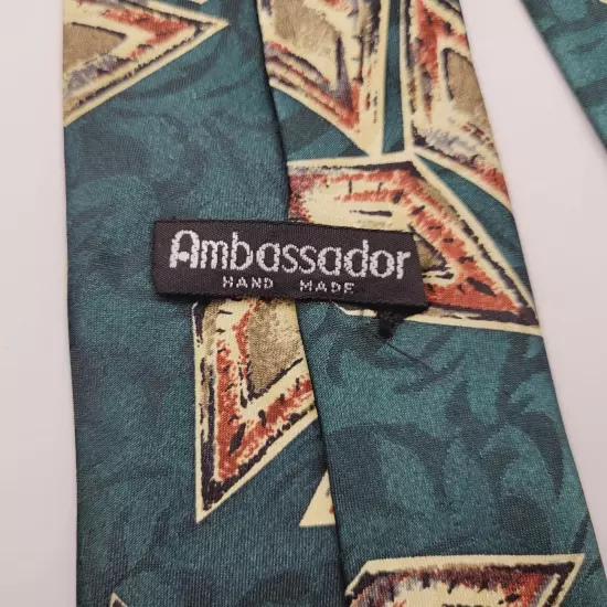 Green and Beige Falling Diamond Trio Pattern Ambassador Vintage Business Necktie