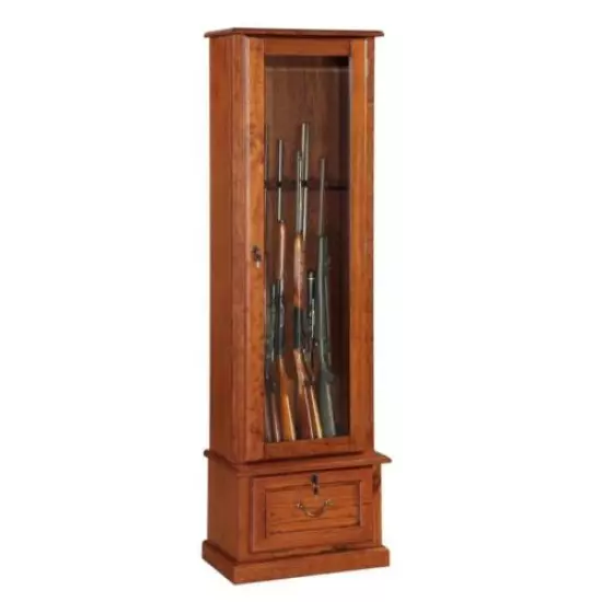 Gun Cabinet 56 in. Key Locking Tempered Glass Wood Brown with Barrel Rests