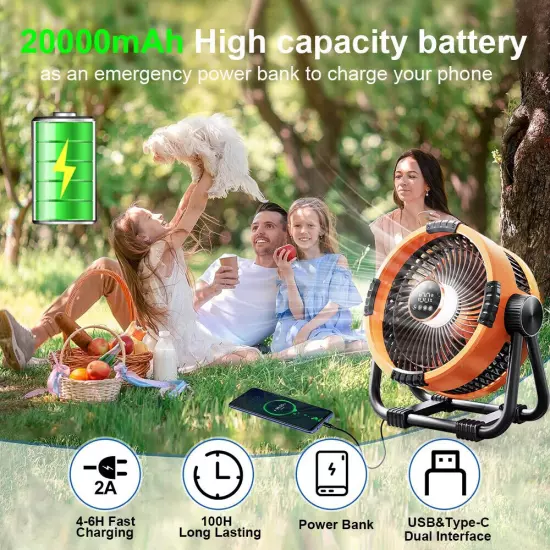 20000mAh Camping Fan Rechargeable Battery Portable Outdoor Fan Wireless Tent Fan