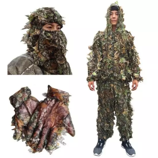 3D Outdoor Ghillie Suit Camouflage Hunting Suit Jacket Pants Face Mask Gloves