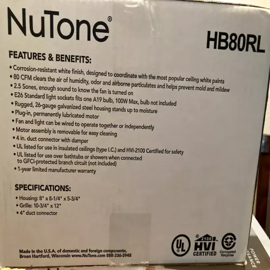 NuTone HB80RL 80 CFM Ventilation Fan with Light Brand New Sealed