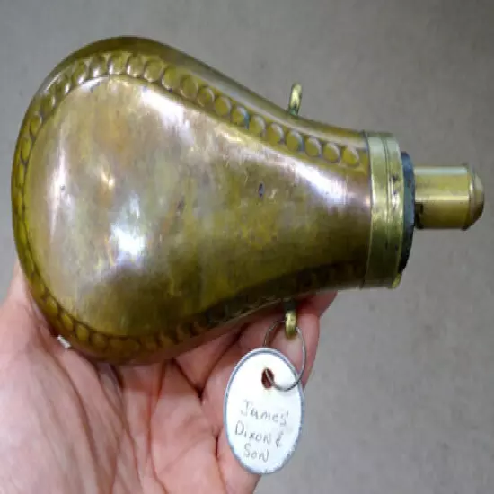 ANTIQUE James Dixon CIVIL WAR ERA / HUNTING Brass Copper BLACK POWDER FLASK Horn