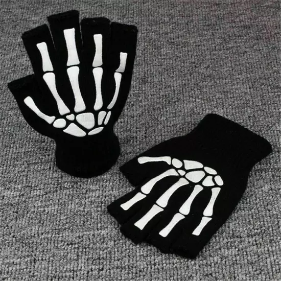 Gothic Knitted Black with White Skeleton Bones Fingerless Gloves... Punk U5U6