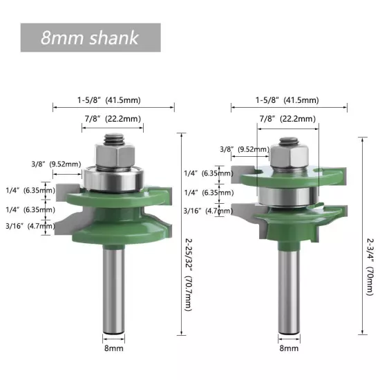 3PCS Set 8mm Shank Rail & Stile Joint Router Bits Tongue & Groove Cutter Large