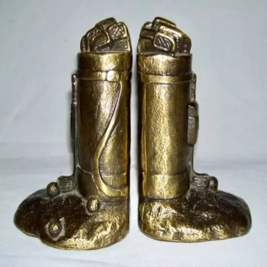 Vintage Pair of Solid Bronzed/Gold Metal GOLF BAG+CLUBS BOOKENDS