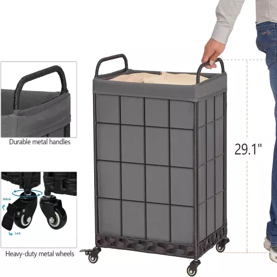 Laundry Hamper with Heavy Duty Rolling Lockable Wheels; Durable Laundry Basket