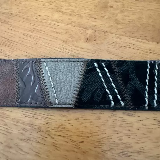 Fossil Patchwork Leather Statement Belt Black Brown Gray Size Medium Boho Silver