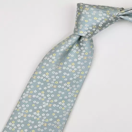 CELINE TIE Floral & Logo on Light Blue Woven Silk Necktie