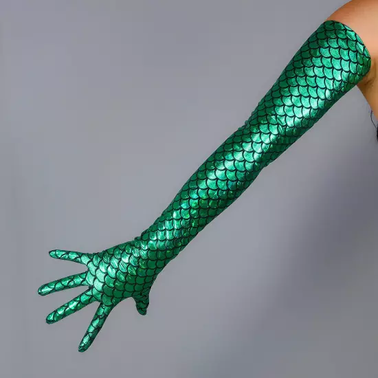 MERMAID GLOVES 28" 70cm Extra Long Shine Green Holographic Fish Scale FITTED