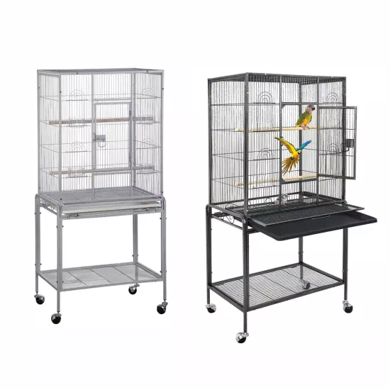 53" Parakeet Bird Cage Parrot Flight Cage Wrought Iron Rolling Stand White/Black