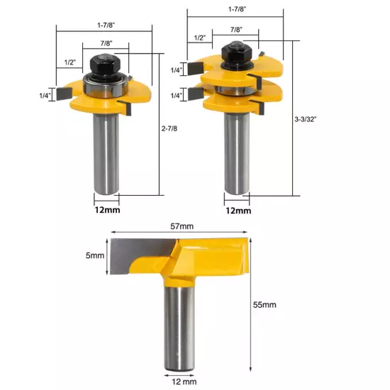 3PCS 1/2in(12.7mm) or 12mm Shank Joint Router Bits Set Tongue & Groove