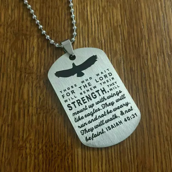 Stainless Steel Faith Isaiah 40:31 Scripture Military Dog Tag Necklace Engraved