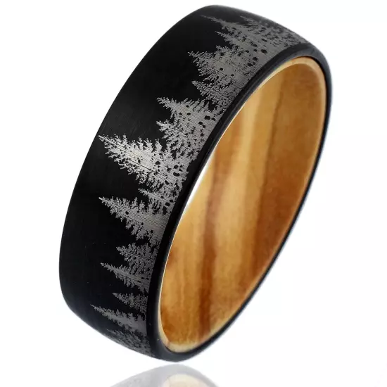 8mm Tungsten Carbide Men's Black Forest Tree Scene Olive Wood Wedding Band Ring