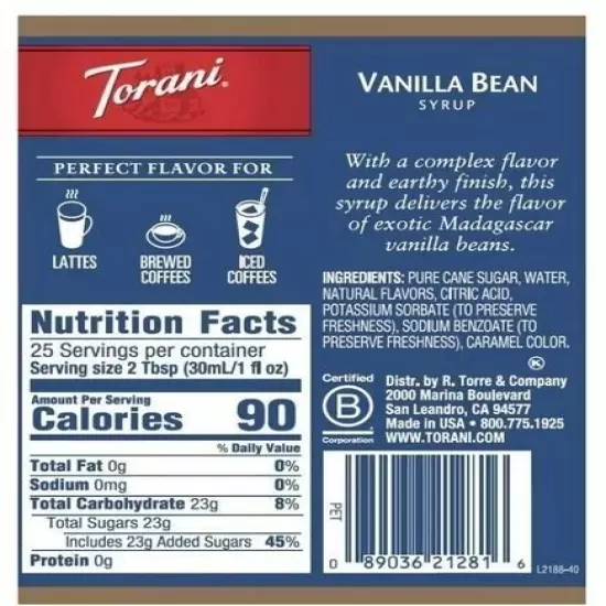 Torani Vanilla Bean Flavoring Syrup, Coffee Flavoring, Drink Mix, 25.4 oz