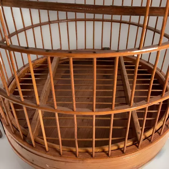 Vintage Bamboo & Teak Bird Cage 17" Curved Asian Chinoiserie Double Loop