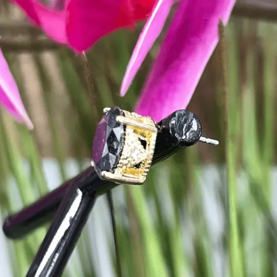 Gold Black Swarovski Crystal Post Earrings