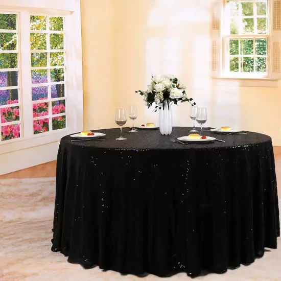 Trlyc Round Sequin Tablecloth - 108" Black Sparkly Table Cloths for Party Wed...