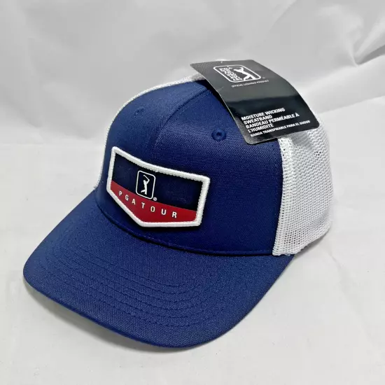 PGA TOUR Hat Americana Trucker Style Golf Cap Blue and White Moisture-Wick New!