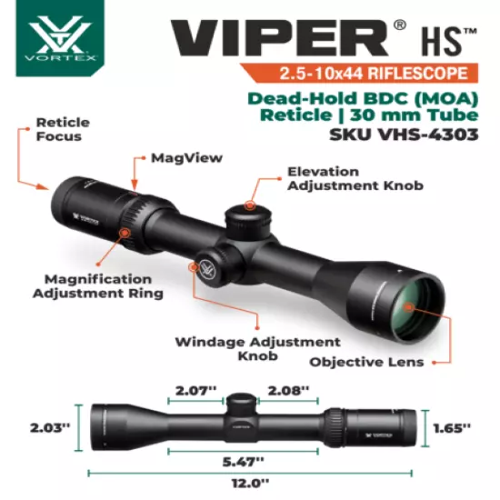 Vortex Optics Viper HS 2.5-10x44 SFP BDC Riflescope with Black Free Hat Bundle