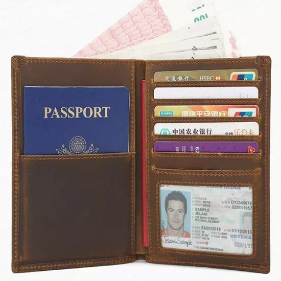 passport holder wallet purse cow Leather card pouch Bifold Ticket bag brown H769