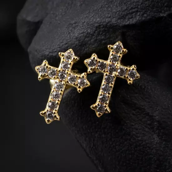 Small Gold Plated Men's Sterling Silver Iced Cross Stud Screw Back Earrings