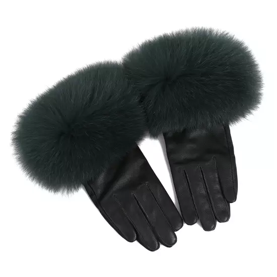 Women Genuine Lambskin Leather Gloves With Real Fox Fur Trim Cuff Winter Warm