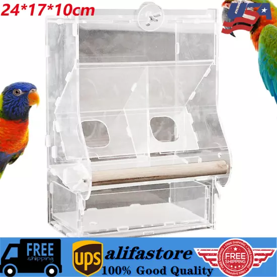 Clear Acrylic Bird Cage Feeder Double Hopper Wood Perches Automatic Feeder USA