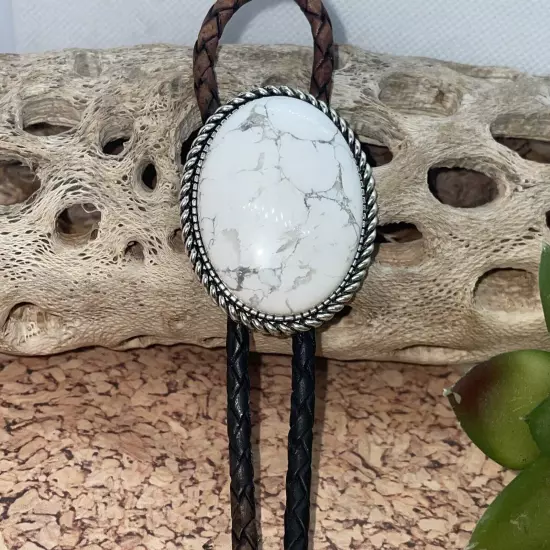 White Buffalo Turquosie Silver Western Leather Bolo Tie Lariat Necklace Wedding