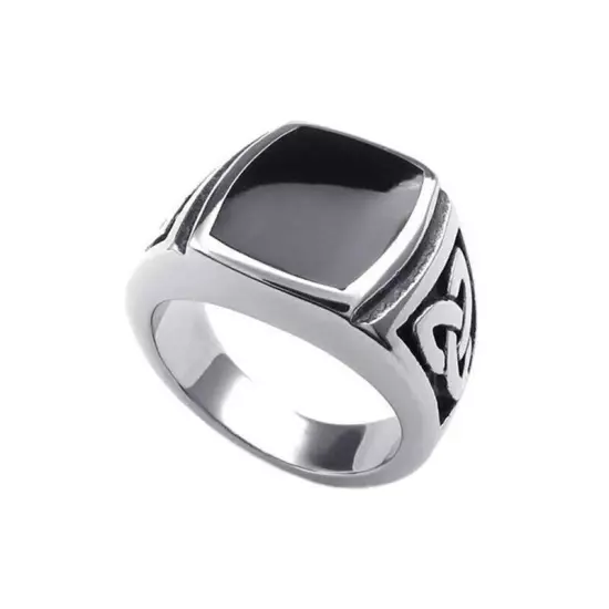 Black Enamel Vintage Celtic Knot Signet Ring Stainless Steel Men's Biker Ring