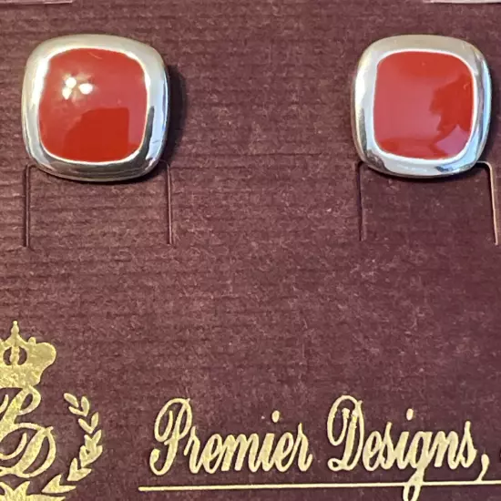 Premier Designs Silver Tone & Red Enamel Square Retired Stud Earrings ~1/2"