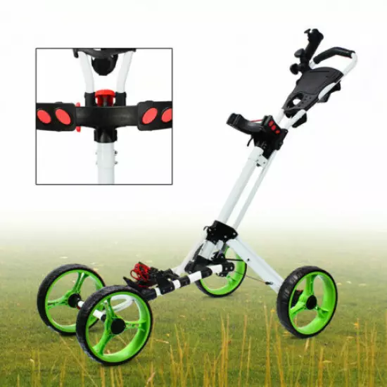 4 Wheels Foldable Golf Buggy Trolley Cart Push Pull Aluminum Carts + Foot Brake