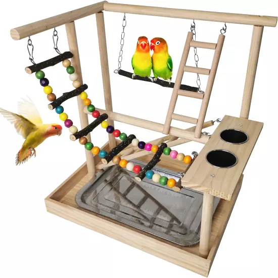 Parrots Playground, Bird Play Gym Wood Perch Stand Colours Climb Ladders Swing C