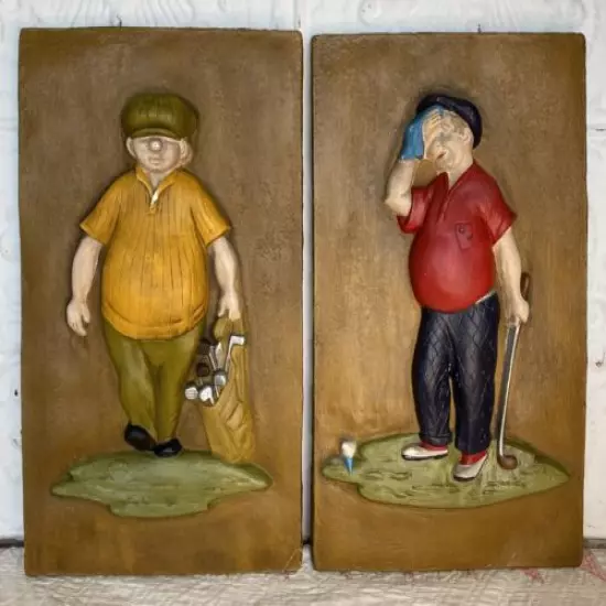 Vintage Lot Of 2 Chalkware Golfers Wall Hanging 3D Sculpture Golf Man Cave Decor