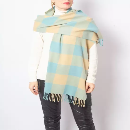 MAX MARA Lambswool Scarf Long Plaid Beige and Light Blue Winter Scarf Soft Scarf