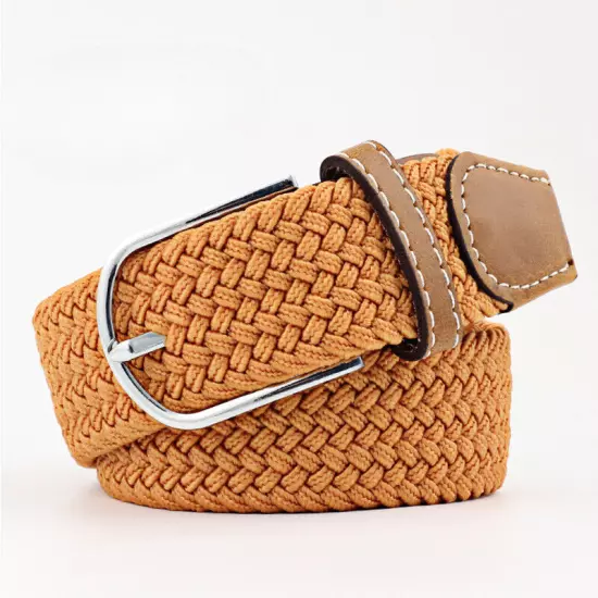 Mens Ladies Belts Canvas Webbing Braided Leather U Buckle Elastic Woven Stretch