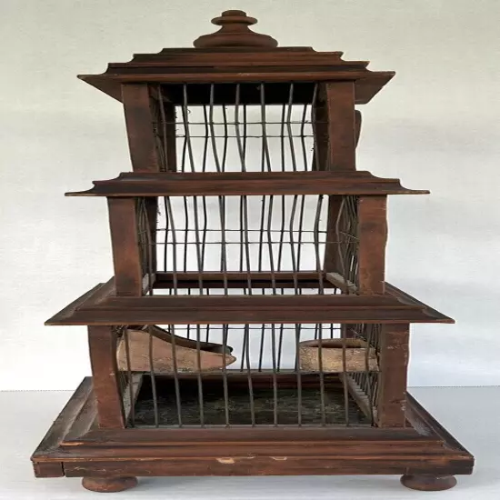 Vintage Bird Cage 30" Pagoda Style Brown Wood & Wire Large Floor Standing Cage